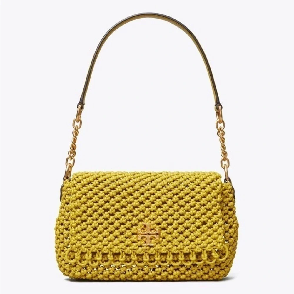 Tory Burch Bag Kira Chevron‎ Macrame Woven Small Shoulder Leather Pear GUC